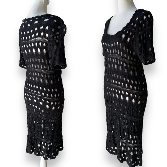 New Kial Black Crochet Knit Short Sleeve Midi Dress or Swim Cover | Large - Picture 4 of 12